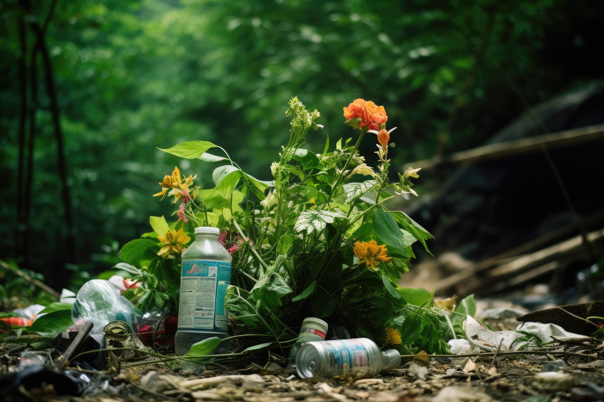 Plastikflaschen, Biomüll im Wald illegale Müllentsorgung